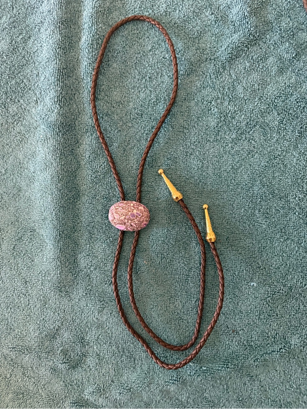 Brown Braided Bolo Tie with Pink Decorative Slide